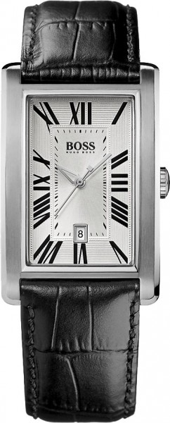 Boss Uhr 1512707 Die Uhr hat ein exklusives schwarzes Lederarmband mit Krokoprägung und ein matt, glänzendes Edelstahlgehäuse mit gewölbten Kratzunempfindlichem Mineralglas. Datum, 3 ATM, 46×29,5mm