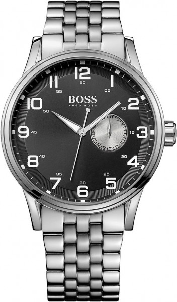 Boss Uhr 1512724 Sportliche Herrenuhr der Marke Boss. Die Uhr hat ein poliertes Edelstahlarmband und Gehäuse mit matten Elementen und Mineralglas. Das Ziffernblatt ist schwarz mit weißen Ziffern, sowie Leuchtzeiger. Die Datumsanzeige mit Schnellkorrektur