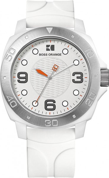 Boss Orange Uhr 1512663 Modern- klasissche Herrenuhr der Marke Boss Orange. Die Uhr hat ein weißes Silikonarmband und Edelstahlgehäuse mit silberfarbener Lünette. Das Ziffernblatt ist weiß mit schwarz und orangefarben mit orangefarbenem Stundenzeiger. Die