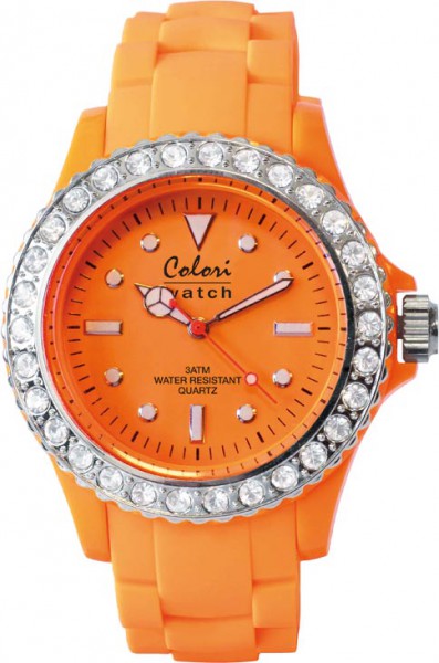Bunte Uhren von Colori, eine total stylische Quarzwerk Uhr mit Ziffernblatt in der Farbe orange und im Dunkeln leuchtende Zeiger. Die Uhr zeichnet sich durch das kratzunempfindliche Mineralglas aus, desweiteren besitzt die Uhr ein massives Edelstahlgehäus