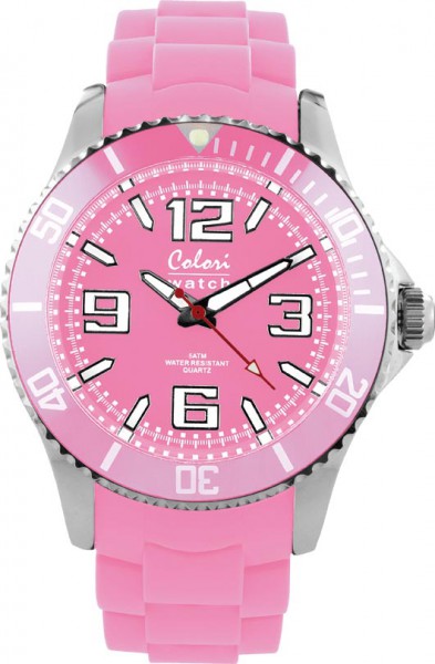 Bunte Uhren von Colori aus dem Hause Abramowicz, eine total stylische Quarzwerk Uhr mit rosa Ziffernblatt und im Dunkeln leuchtende Zeiger. Die Uhr zeichnet sich durch das Kratzunempfindliche Mineralglas aus, desweiteren besitzt die Uhr ein massives Edels