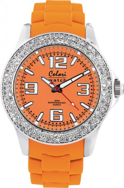 Bunte Uhren von Colori aus dem Hause Abramowicz, eine total stylische Quarzwerk Uhr mit orangenem Ziffernblatt und im Dunkeln leuchtende Zeiger. Die Uhr zeichnet sich durch das Kratzunempfindliche Mineralglas aus, desweiteren besitzt die Uhr ein massives
