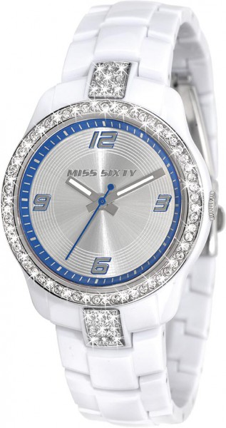 Miss Sixty Uhr R0751100002 Wunderschöne trendige Uhren von Miss Sixty aus dem Hause Abramowicz, eine total stylische Quarzwerk Uhr mit weiß-Blauem Ziffernblatt und im Dunkeln leuchtende Zeiger. Die Uhr zeichnet sich durch das Kratzunempfindliche Mineralgl