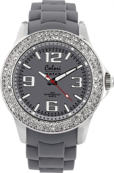 Bunte Uhren mit Zirkonia von Colori, eine absolut trendige Quarzwerk Uhr mit grauem Ziffernblatt. Die Uhr hat ein Kratzunempfindliches Mineralglas, desweiteren besitzt die Uhr ein Metallgehäuse und ein butterweiches und angenehmes Silikonband. Die Lünette