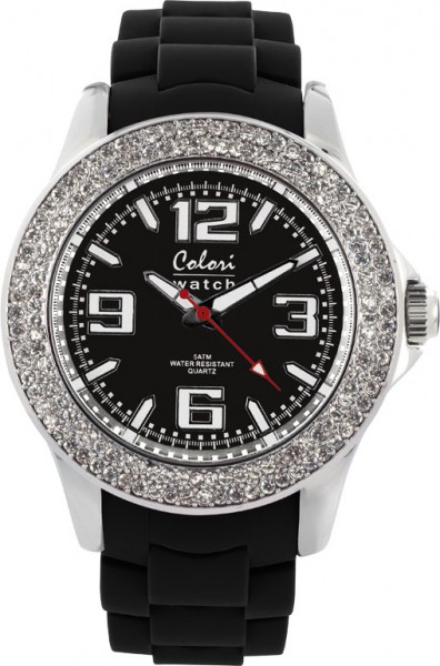 Bunte Uhren mit Zirkonia von Colori, eine absolut trendige Quarzwerk Uhr mit schwarzem Ziffernblatt. Die Uhr hat ein Kratzunempfindliches Mineralglas, desweiteren besitzt die Uhr ein Metallgehäuse und ein butterweiches und angenehmes Silikonband. Die Lüne